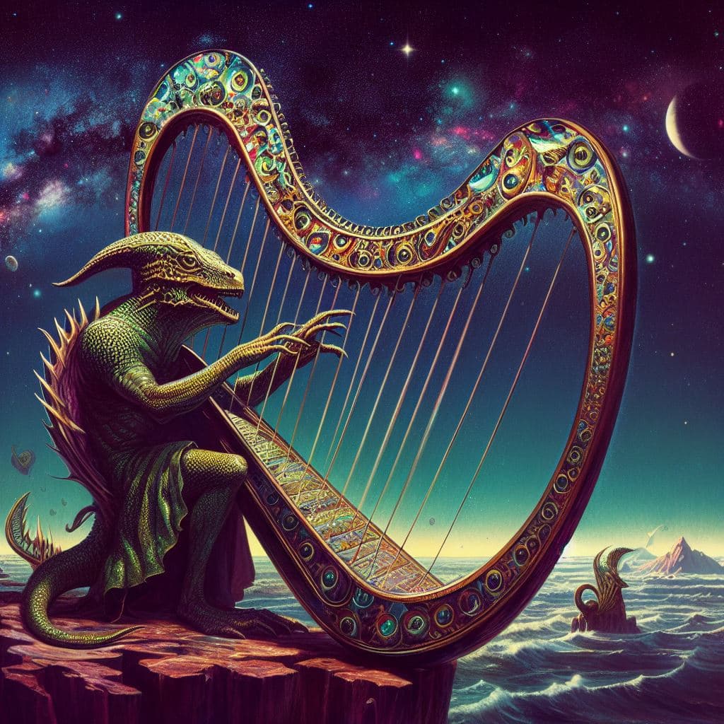 AI generated: fantasy fantastic harp made of abalone is played by a (lizardlike humanoid), campfire scene, night s...