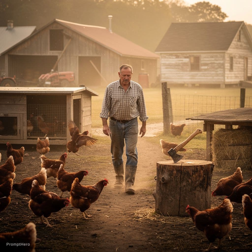 AI generated: Chicken farm around a man walking towards an axe 