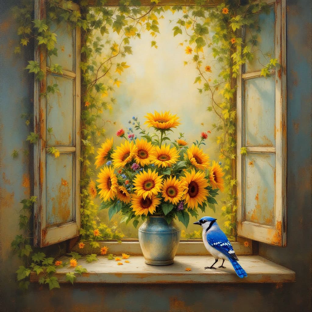 AI generated: Create Oil Rembrandt Style, whimsical semi-realism distressed picture window, over embellished green...