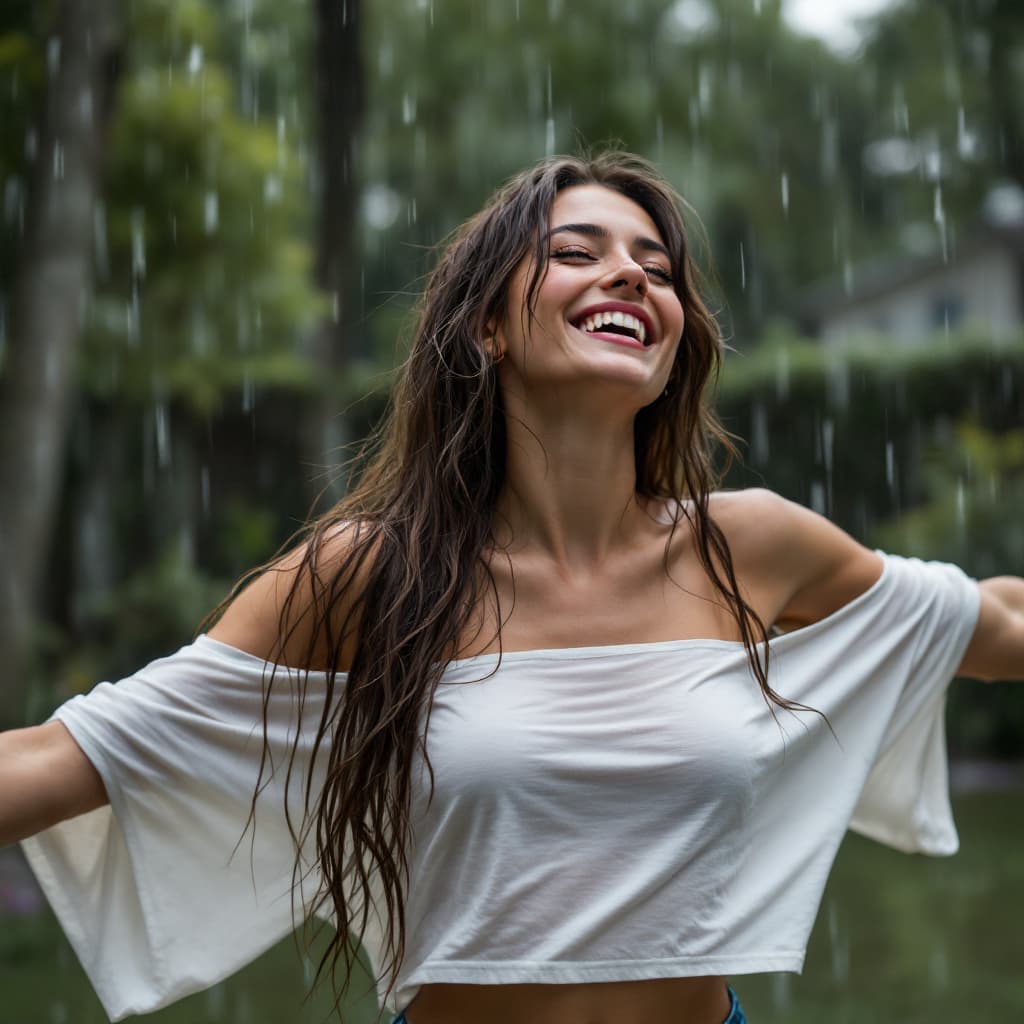 AI generated: low view, depth of field, photograph, a beautiful woman, long wavy brunette hair, arms outstretched,...