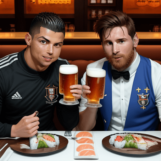 AI generated: Ronaldo and messi eating Sushi Realismus in a resturand with a Beer and Pizza and with portugal with...