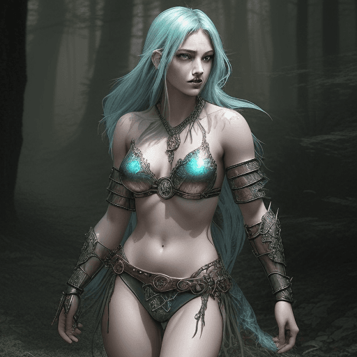 AI generated: Grunge style, stylish female, (a fearless heroine:1.3), (fantasy-inspired design:1.25), (bikini armo...
