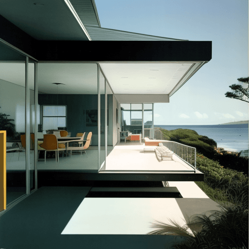 AI generated: Hyper realistic eye level exterior photo of a mid century modern style house overlooking the ocean, ...
