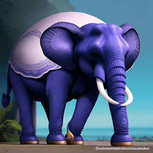 AI generated: Elefante roxo com bolas laranjas voando em um céu azul com um lindo arco-íris