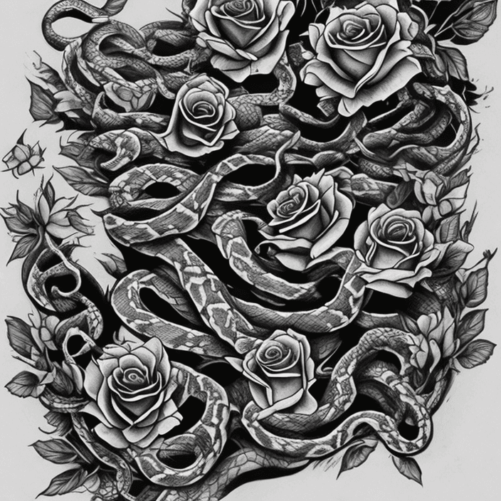 AI generated: snakes with flowers, tattoo sketch, smooth transitions, black patterns, more details, more flowers, ...