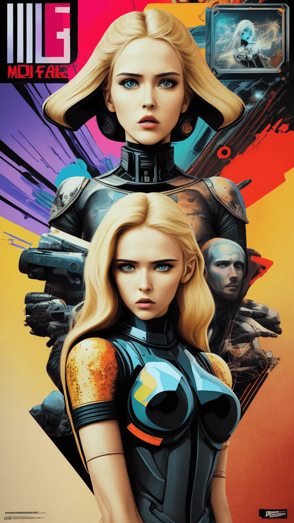 AI generated: Poster with the text “Midjo art” of the science fiction film in the style of pop-art with beautiful ...