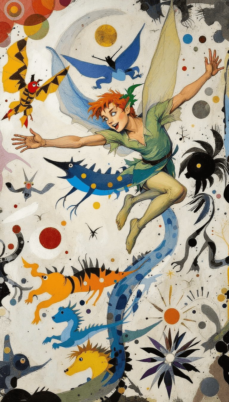 AI generated: 
funny Peter Pan flying , art in medieval bestiary style, oil on canvas by Pablo Picasso, Masaccio, ...