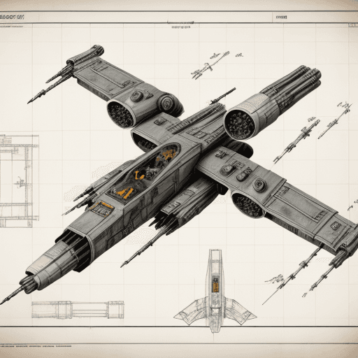 AI generated: architectural drawing of a Star Wars x-wing fighter