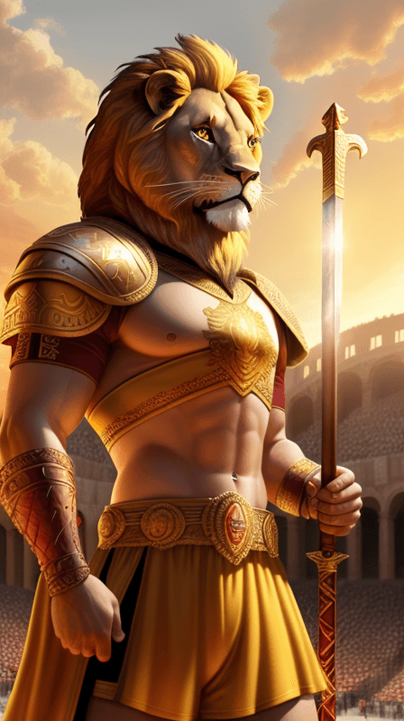 AI generated: A lion, wearing ancient roman attractive gladiator outfit while holding a gladiators sword in his ha...