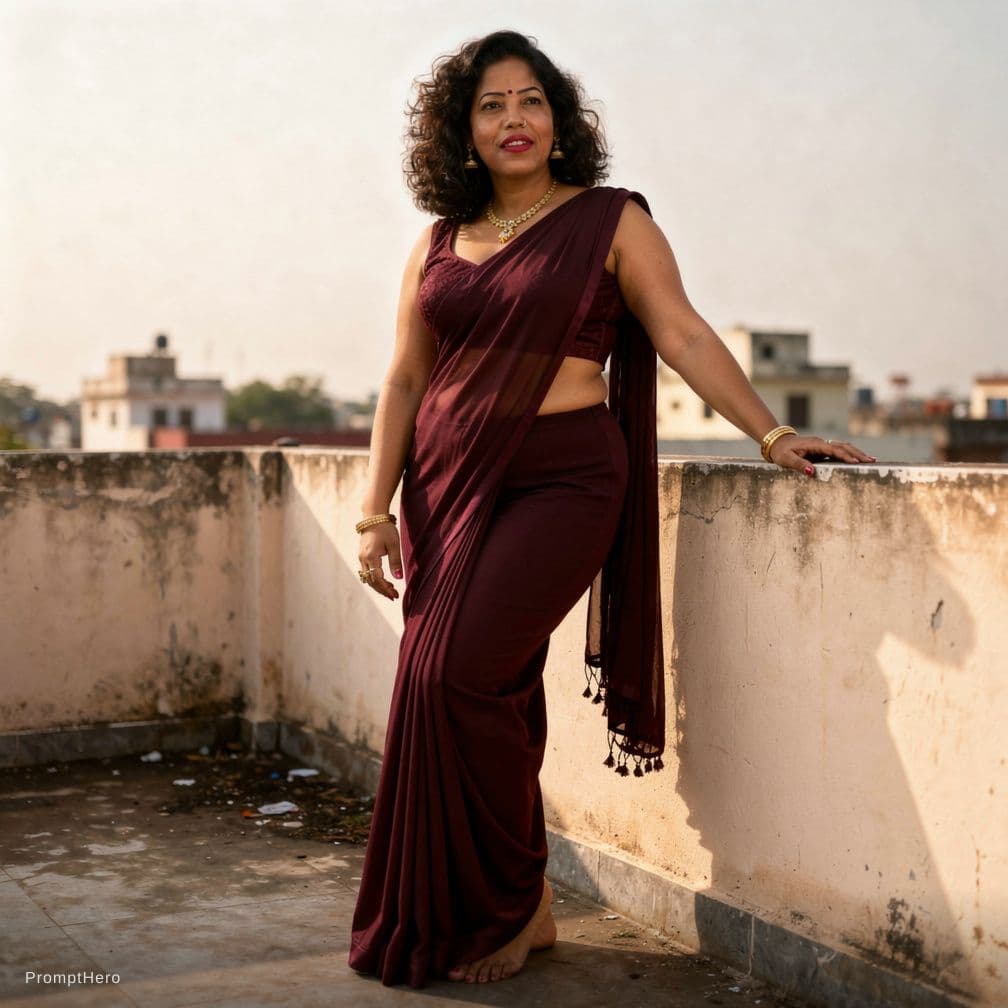 AI generated: A busty and curvy plus-size South indian woman wearing a tight georgette Dark merron saree with a de...