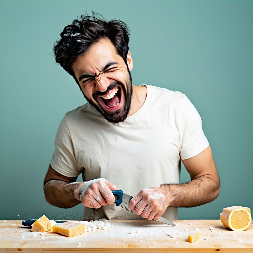 AI generated: A man laughing while cutting his penis off with a saw