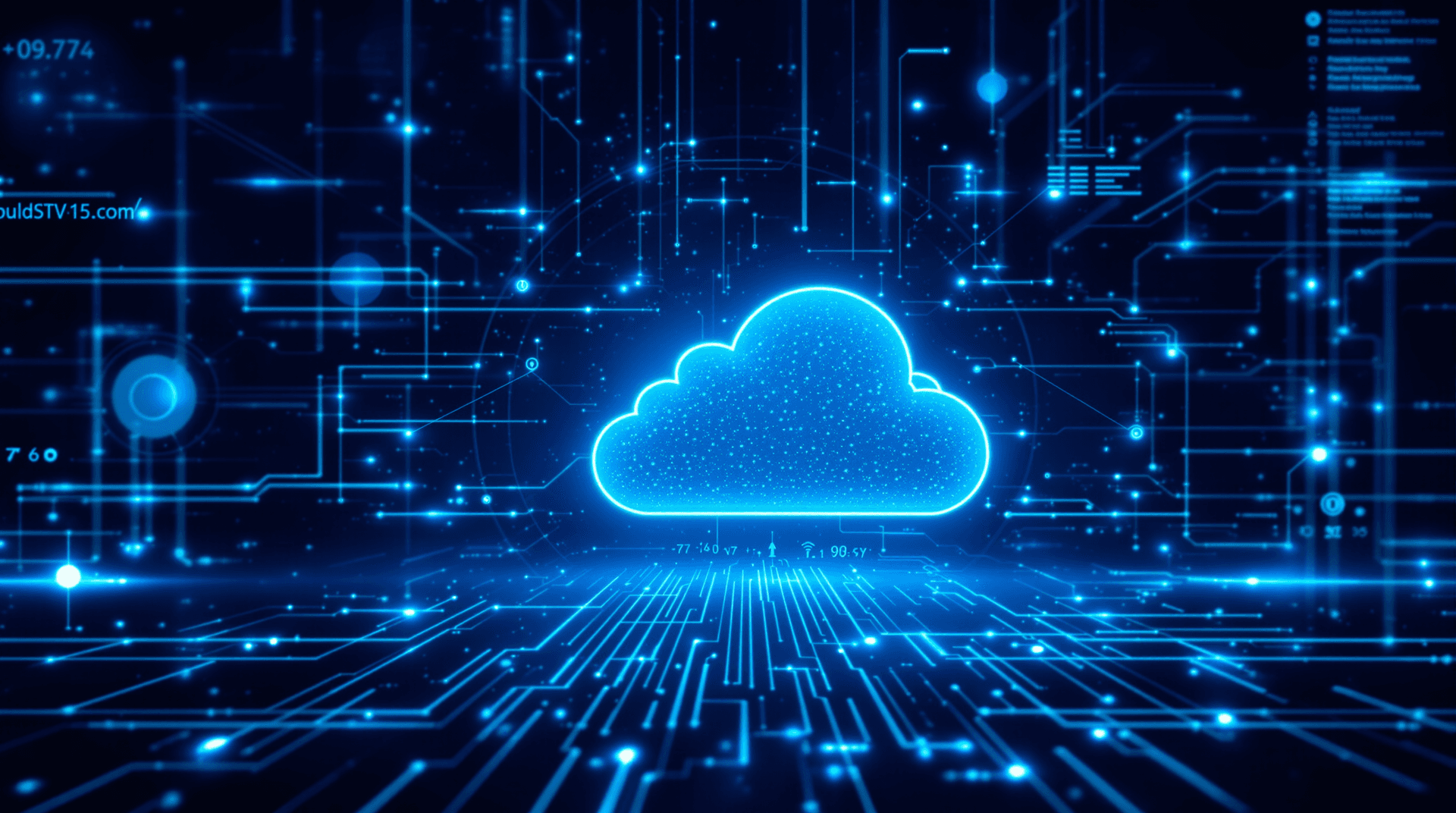 AI generated: A futuristic digital illustration of a cloud computing interface, featuring a large, glowing blue cl...