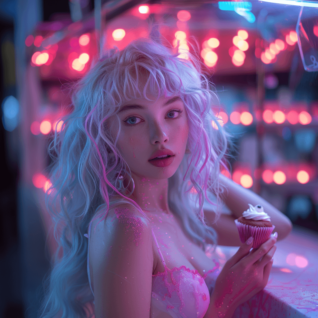 AI generated: Pink cupcake, neon colours