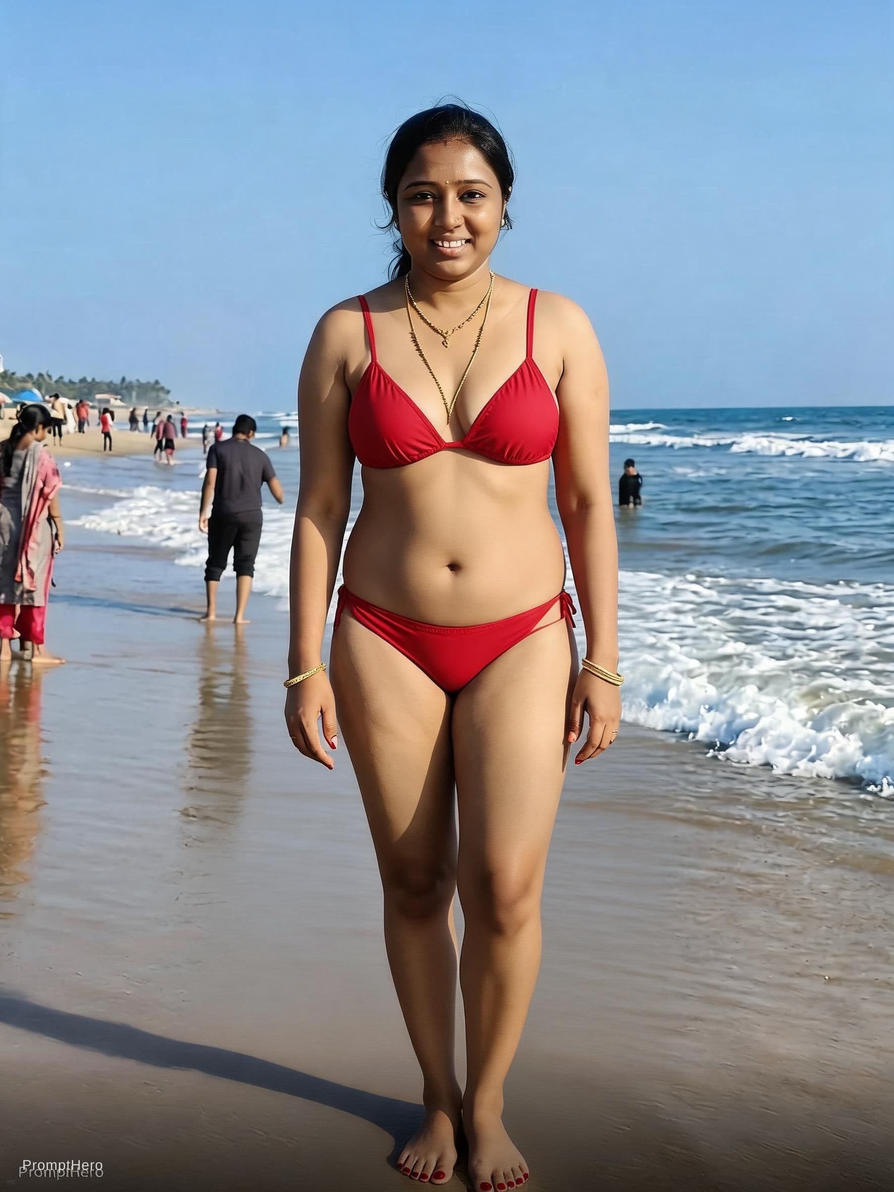 AI generated: red two-piece swimsuit, without shoes and bag, with painted nails, sea background