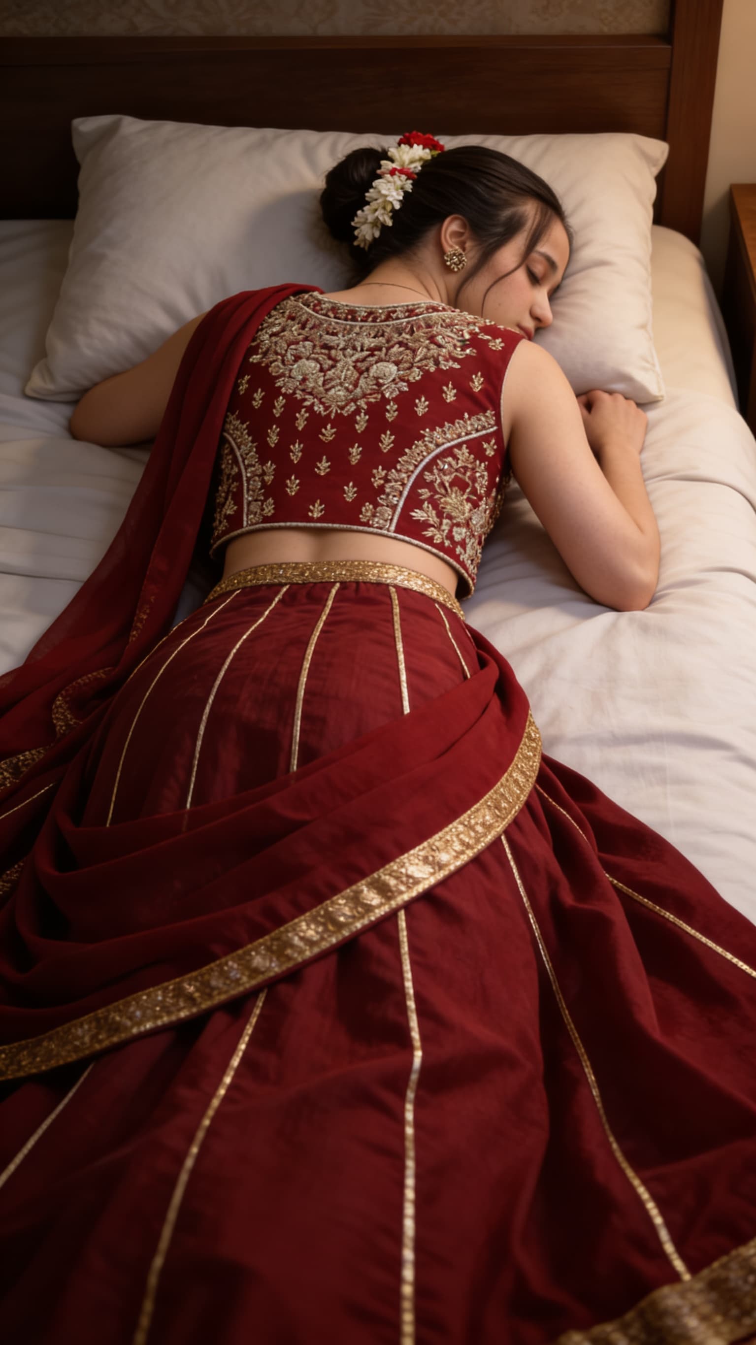 AI generated: Create the ultra high realistic image as this Pakistani women is sleeping lying face down on bedroom...