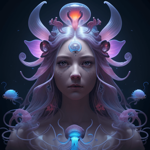 AI generated: Goddess close-up portrait ribcagel. jellyfish phoenix head, nautilus, orchid, skull, betta fish, bio...