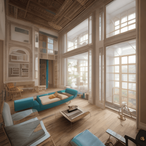 AI generated: High resolution photography interior design, dreamy sunken living room conversation pit, wooden floo...