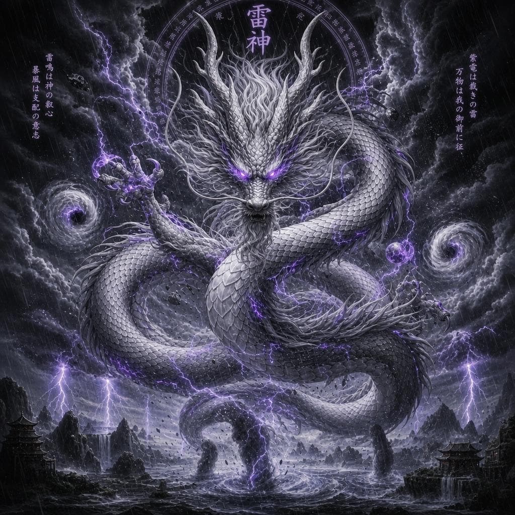 AI generated: a Japanese style dragon that controles storm like Lightning, Dark Clouds, and trentals rains with wh...