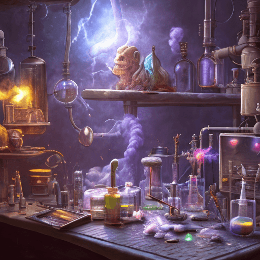 AI generated: wizard with evil laugh, messy laboratory environment, potions, mixing, smoke, electric colors, extre...