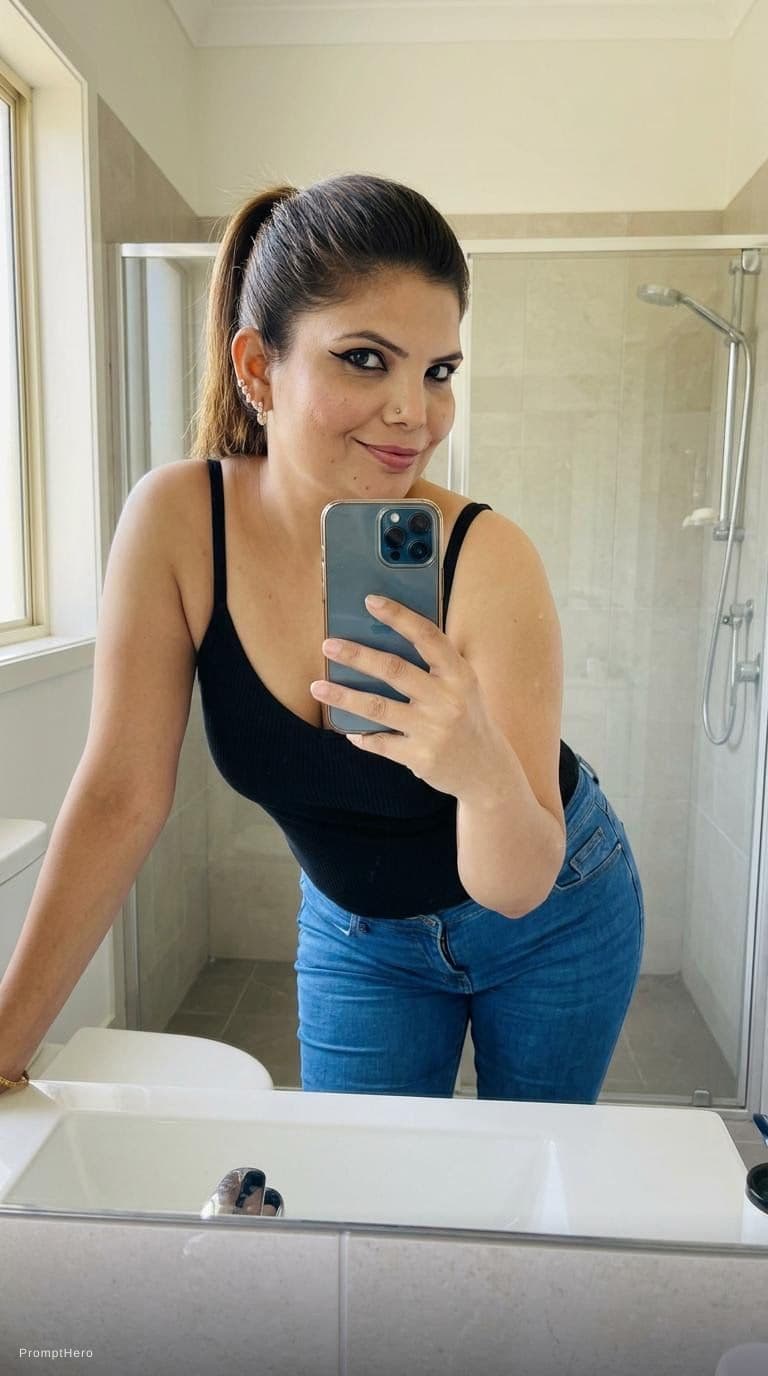 AI generated: Make her wear a camisole and fit jeans, ponytail hairstyle, taking a mirrror bathroom selfie, face f...