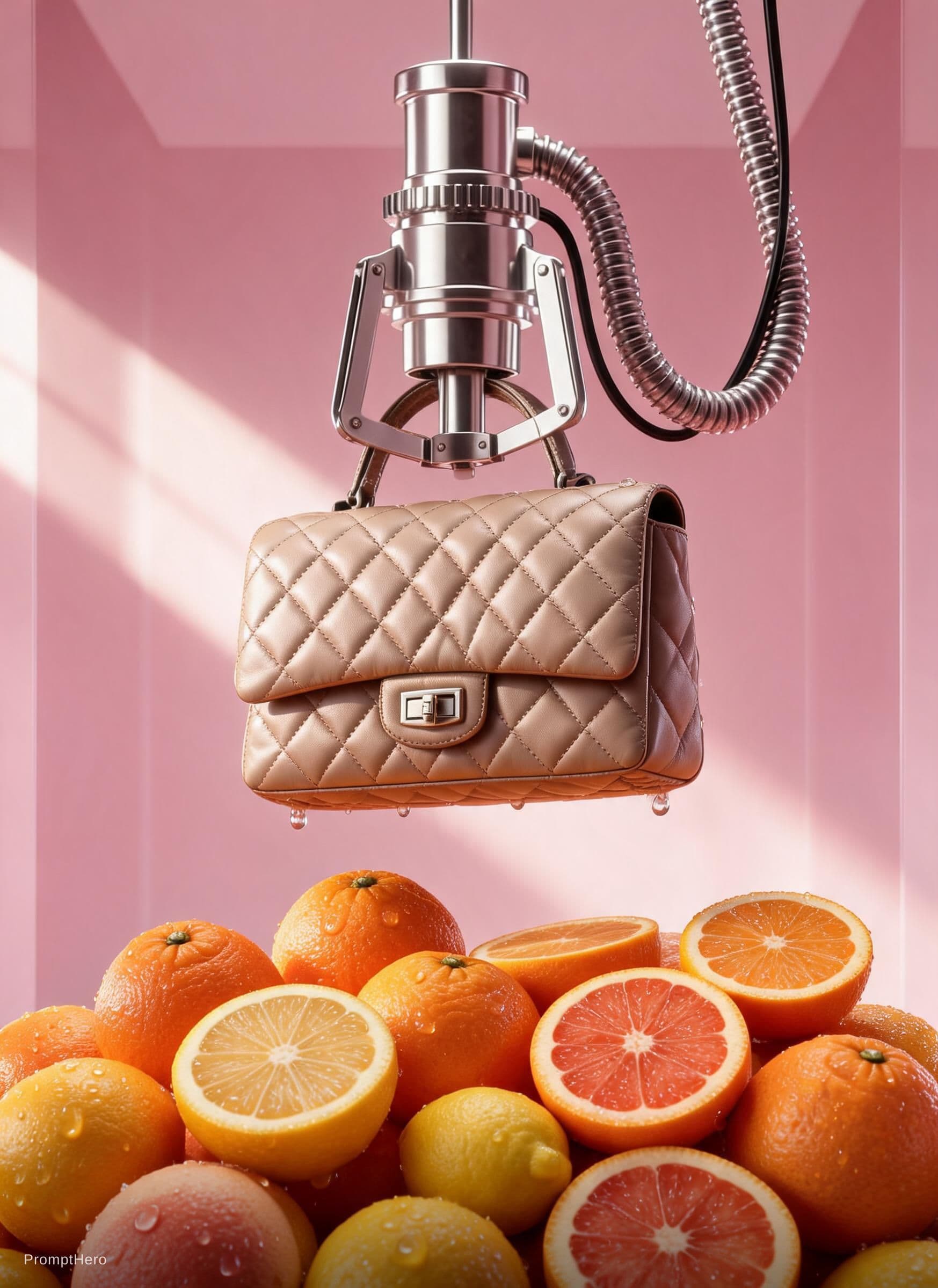 AI generated: Luxury handbag floating above fresh citrus fruits, surreal fashion advertisement, soft glowing sunli...