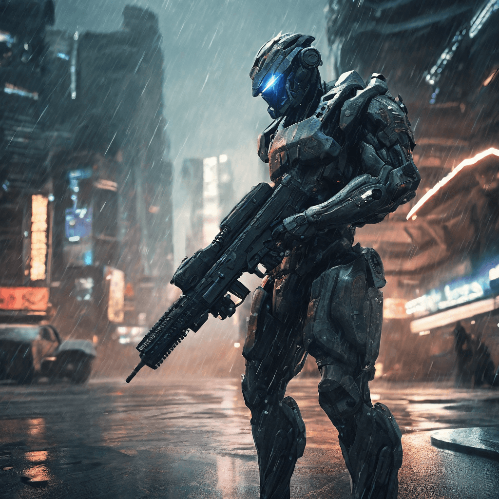 AI generated: Futuristic android soldier, armed, heavy gun, cyberpunk mech, huge, bulk, strong wind, heavy rain, f...