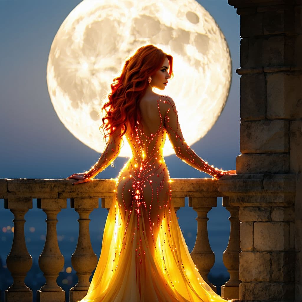 AI generated: A breathtaking woman with long, flowing wavy white with bright red and bright yellow hair stands on ...