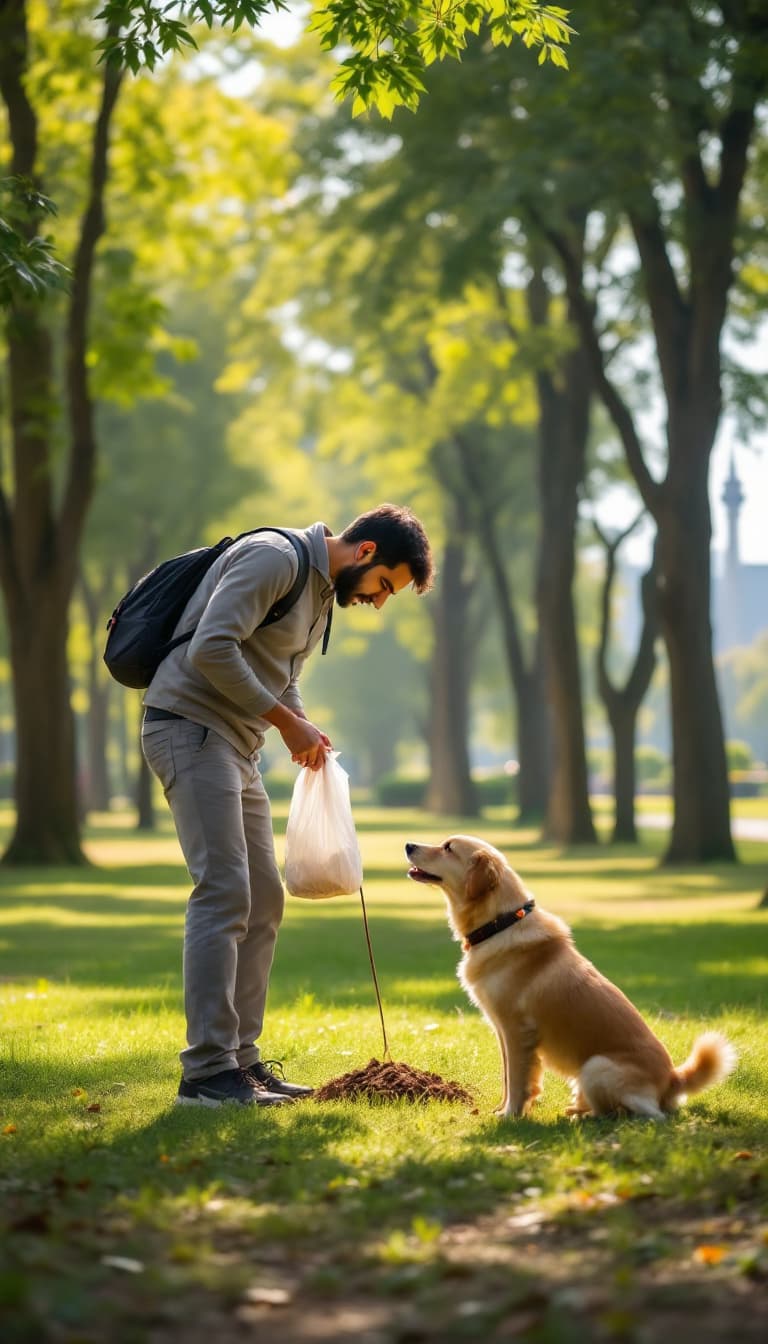 AI generated: A man is cleaning up after his dog in a park in Tehran. He holds a plastic bag in his hand as he ben...