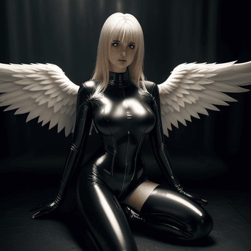 AI generated: Female, angel wings, tight latex suit, blond hair, dusk, Krysten Ritter goth black bangs dark makeup...