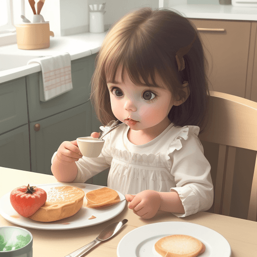 AI generated: illustration, best quality, three year old girl having breakfast, pureerosface_v1, brown hair, white...