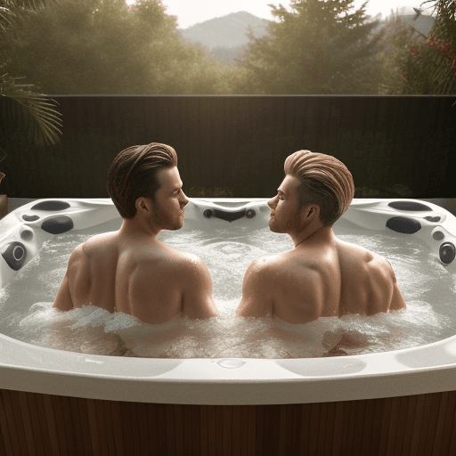 AI generated: two bros chilling in a hot tub 5 feet apart because they ’ re not gay, trending on artstation, award...
