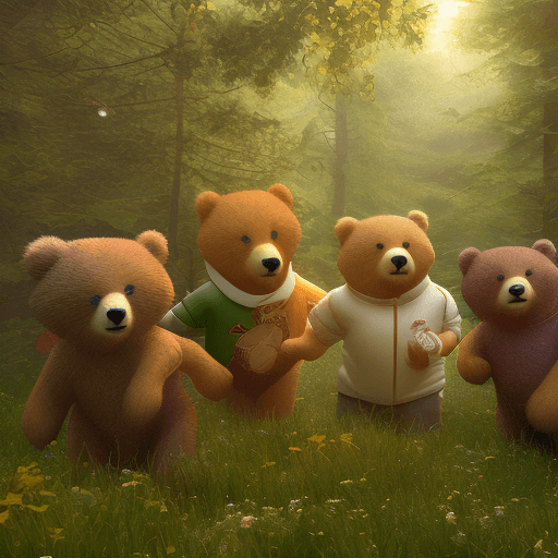 AI generated: Create a depiction of an enchanting green forest where in the distance, five young cartoonish bears ...