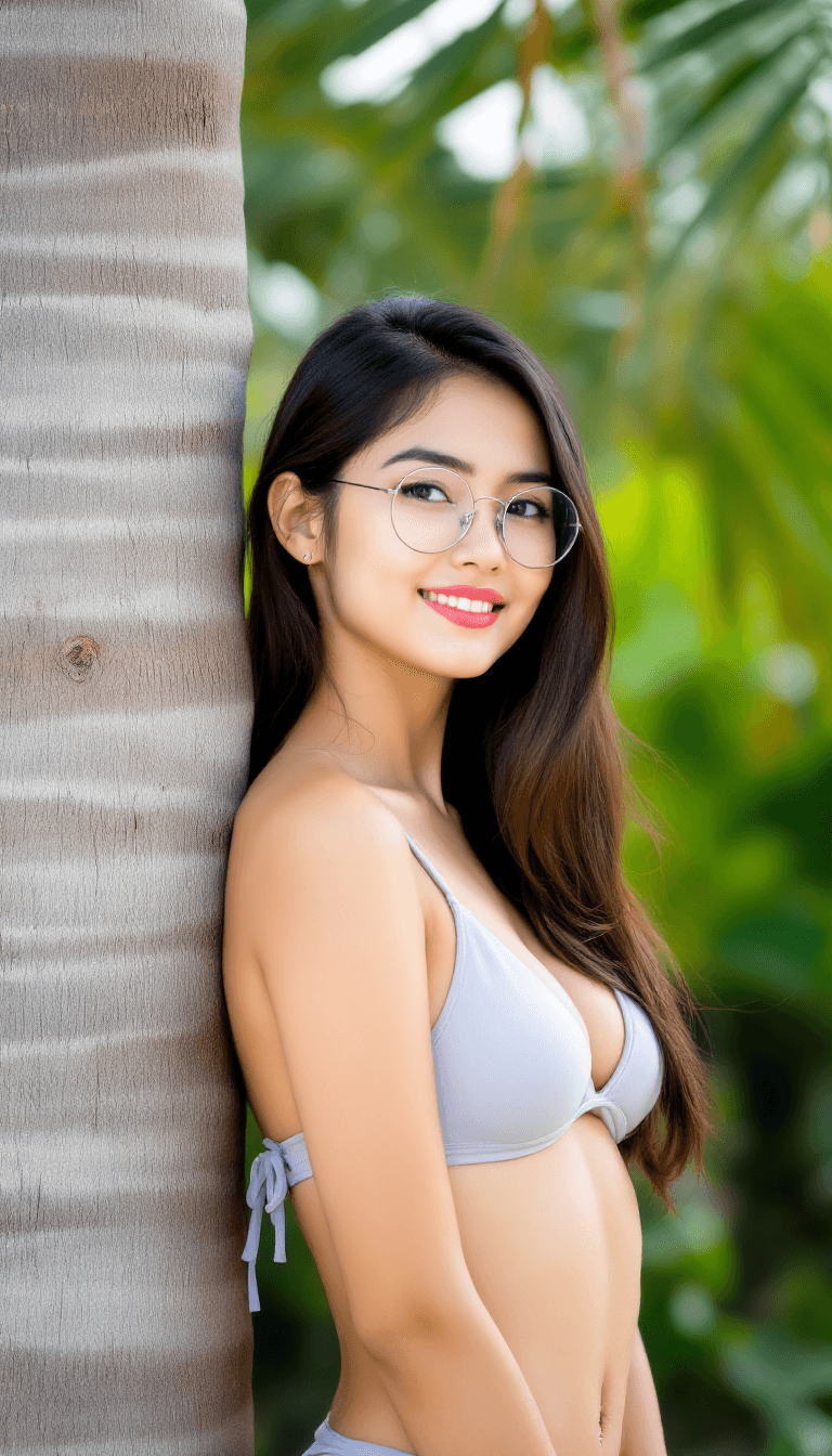 AI generated: A young woman stands outdoors, leaning against a tree trunk with her right shoulder. She wears a lig...