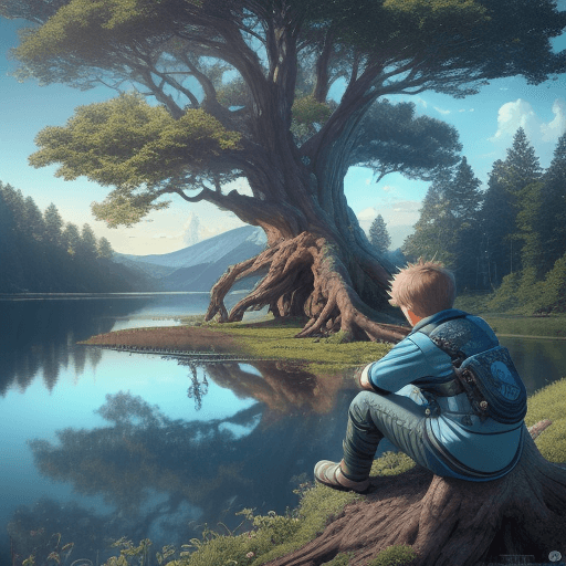 AI generated: Boy looking at the horizon sitting on the epic tree in the background. Colorful, Detailed, 4k, Ultra...