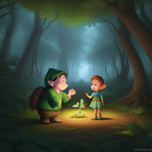AI generated: A cartoon In the magical forest, a boy encounters a bright-eyed gnome among the trees who smiled at ...