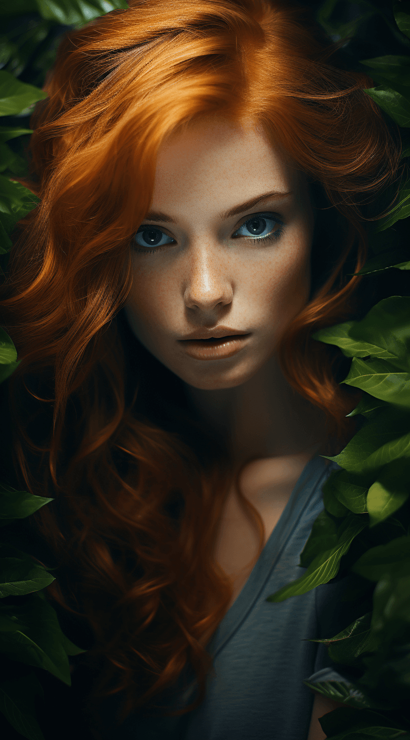 AI generated: An image of a girl with red hair and blue eyes near green leaves, in the style of realistic details,...