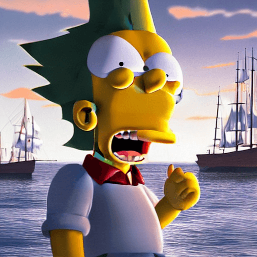 AI generated: human-like bart simpson working in a gas station, 
Photo of a ultra realistic sailing ship, dramatic...