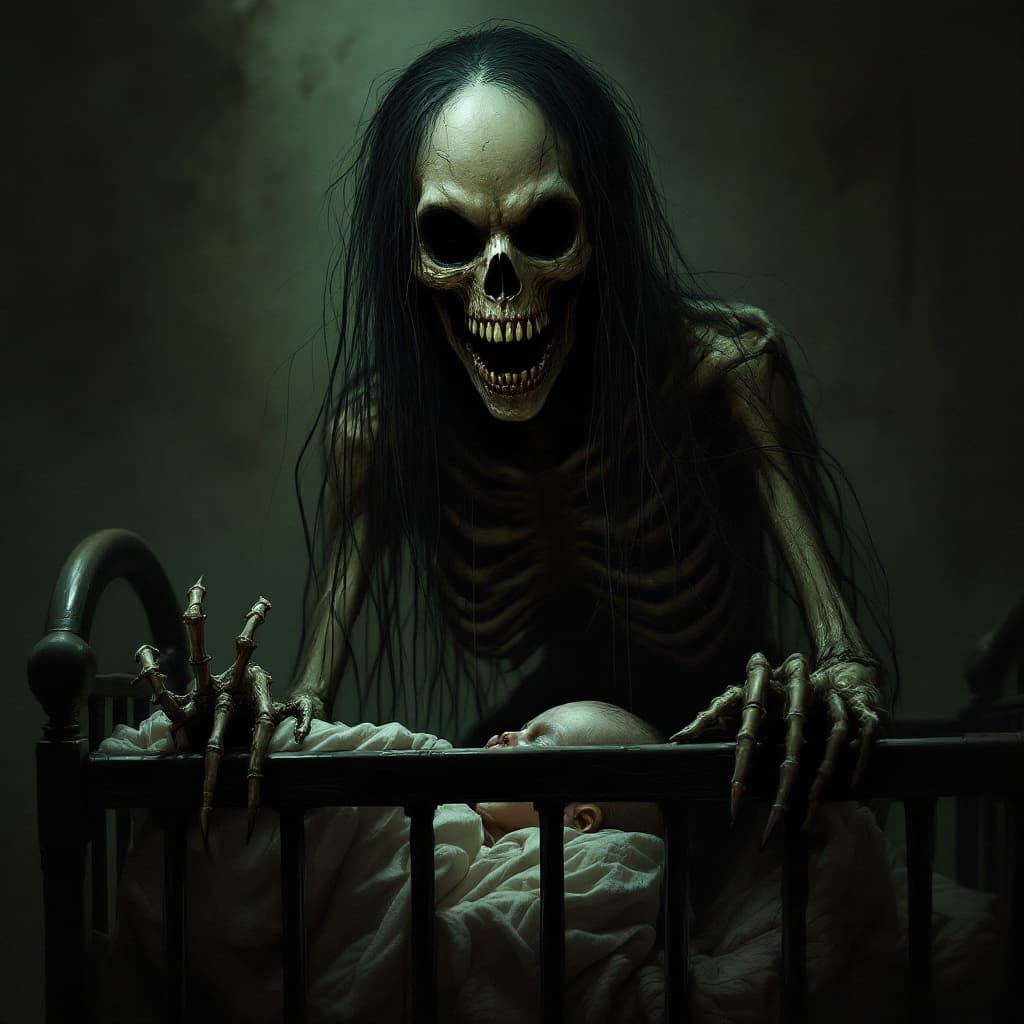 AI generated: Terrifying skeletal female figure with long stringy hair , sunken, twisted grin baring sharp teeth, ...