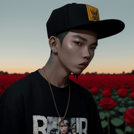 AI generated: The photo is album-style cover of a rap product. There is a young man who is a Vietnamese rapper He ...