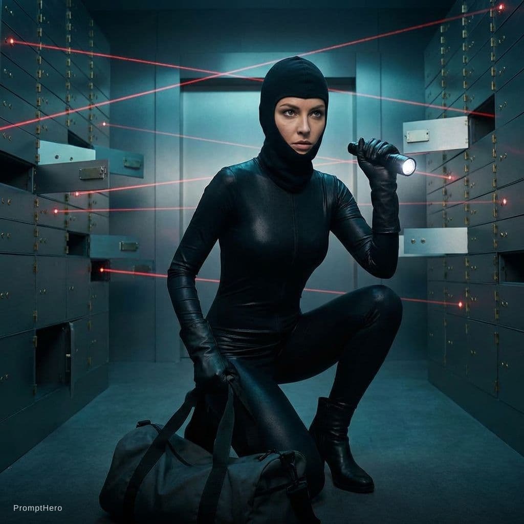 AI generated: Create a image of a sexy 
intruder with gloves and catsuit in a heist scenario