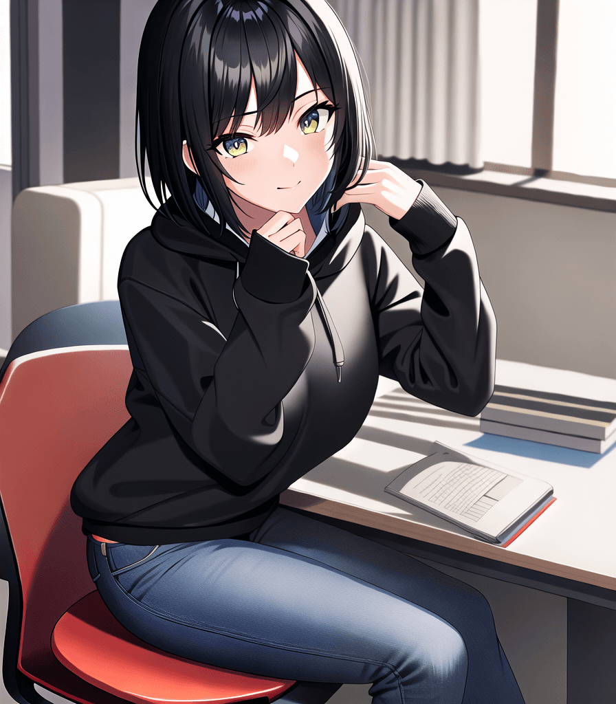 AI generated: (perfect anime illustration), 1girl, short hair, long locks, best girl hair, indoors, library, campu...