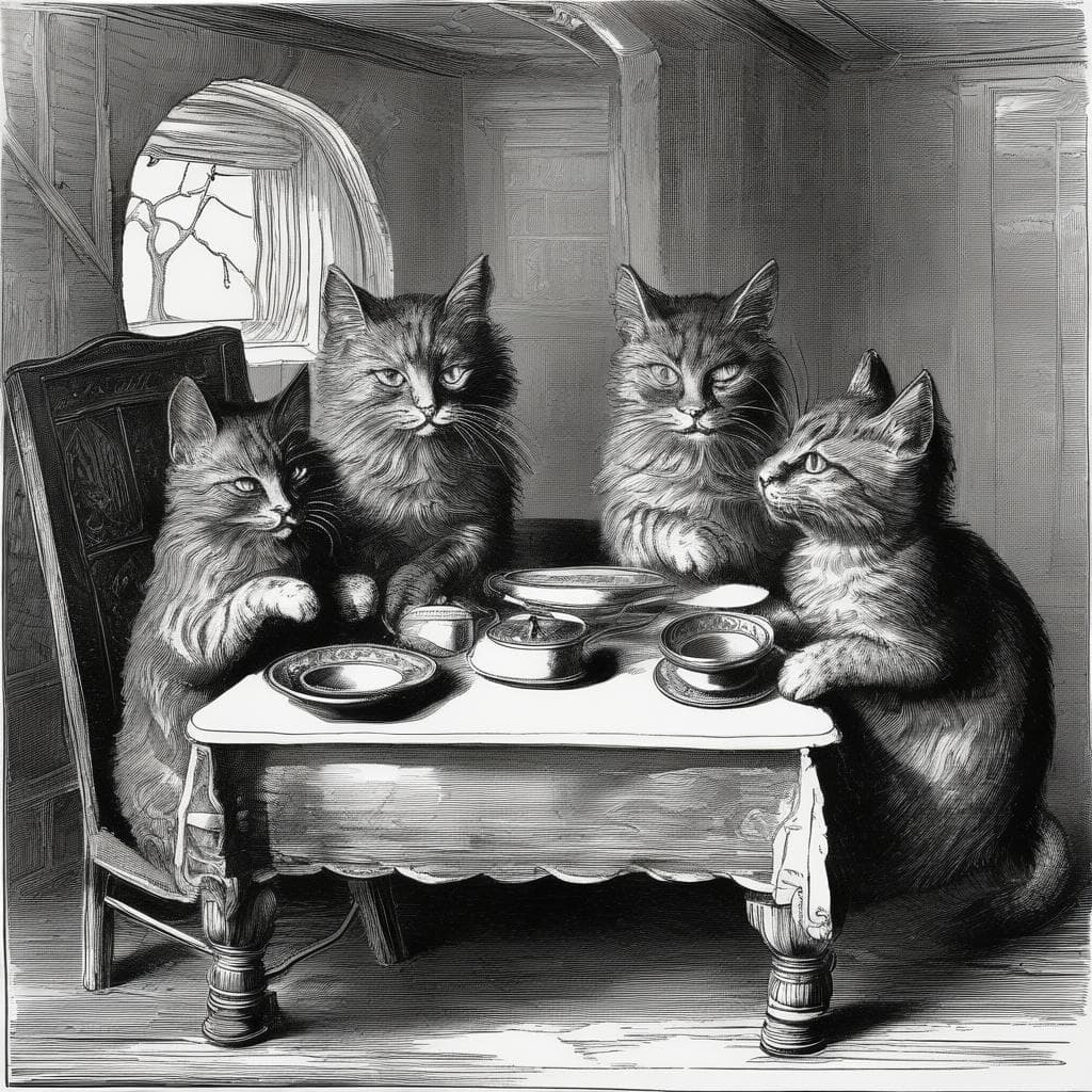 AI generated: "Cat's Table", A cartoon in the style of John Tenniel, Punch magazine, 1890
