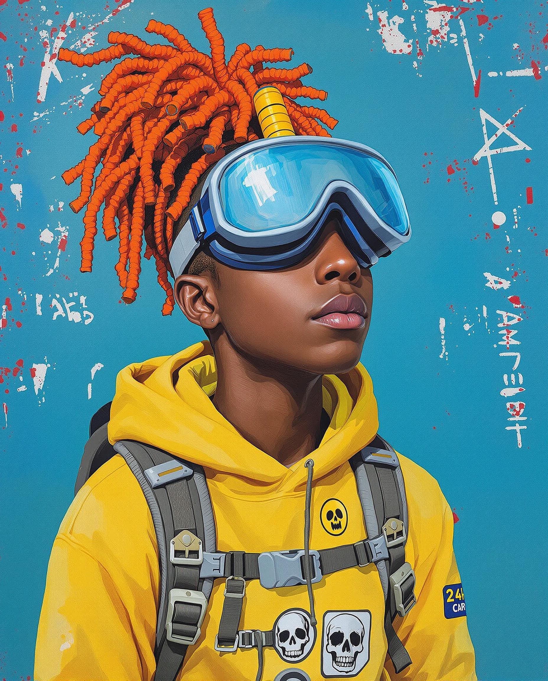 AI generated: A stylized oil painting portrait depicts a young African American person in a yellow hoodie and gogg...