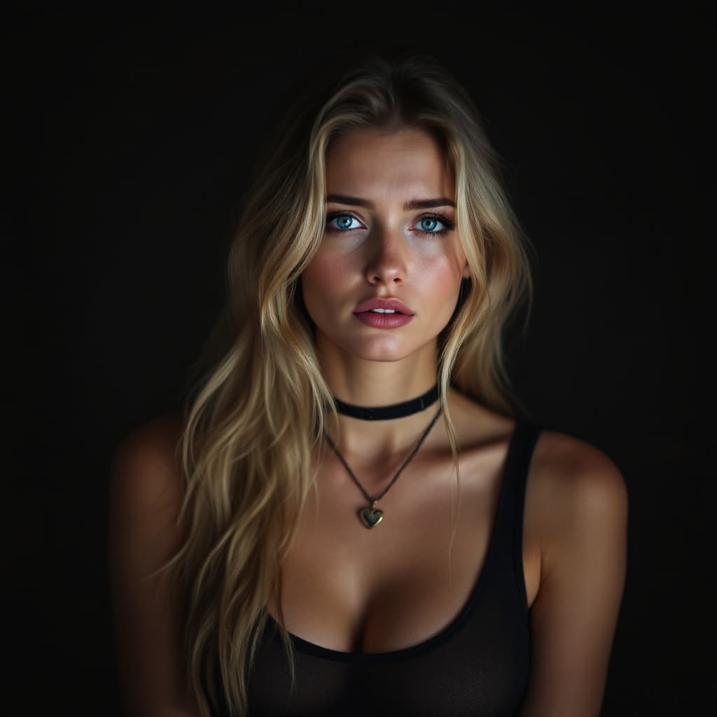 AI generated: A woman with long blonde hair and striking blue eyes, adorned with a choker necklace featuring a hea...