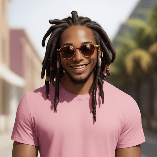 AI generated: a smiling cool black guy with short dreadlocks and sunglasses wearing a deep pink Tshirt. His skin i...