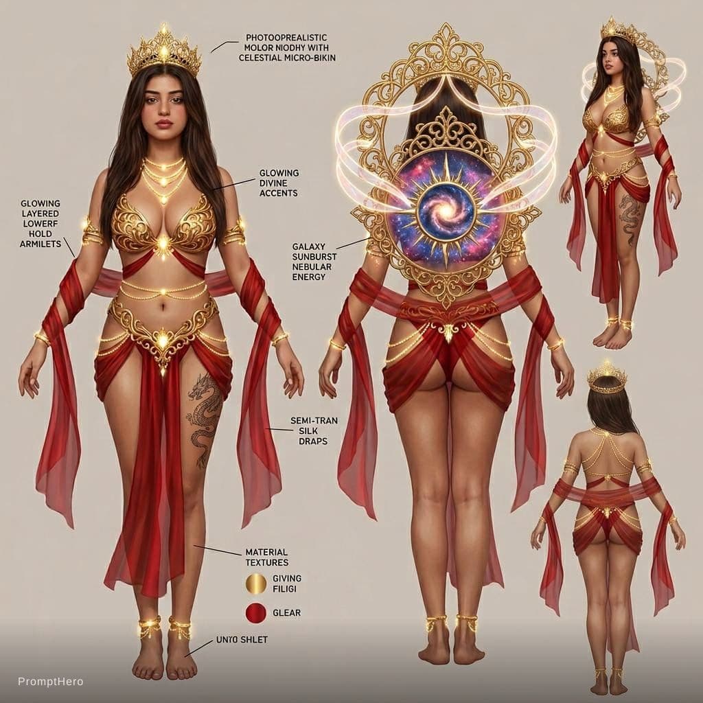 AI generated: Create a model sheet of this person and make it realistic. "She wears a highly stylized, bikini-insp...