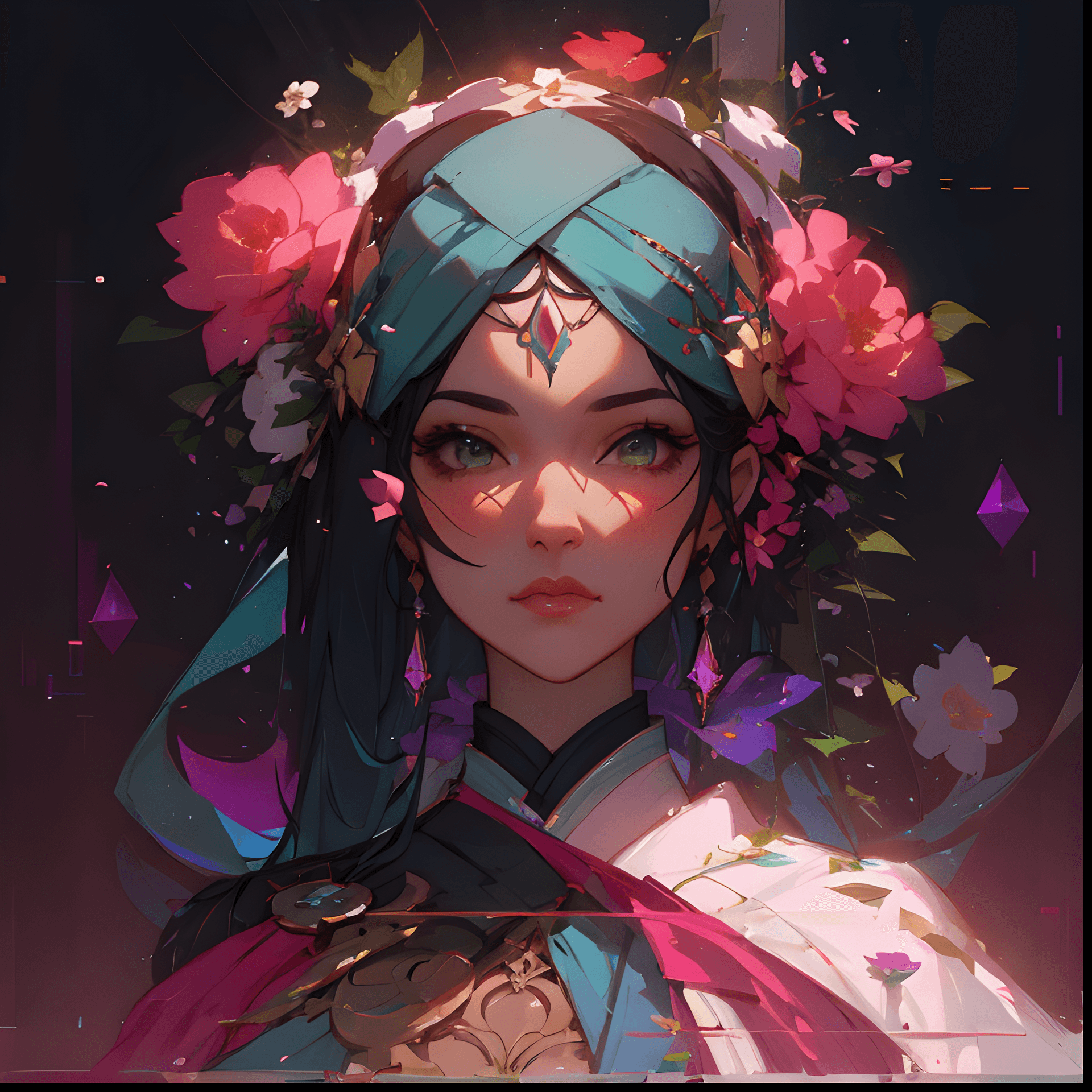 AI generated: a close up of a woman with flowers on her head, by Ross Tran, Artstation contest winner, style hybri...
