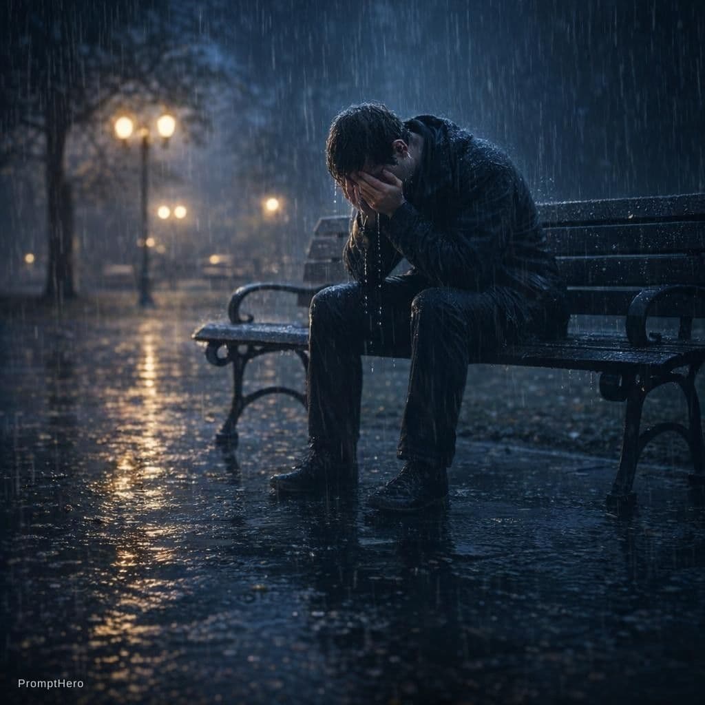 AI generated: Hombre triste y llorando sentado en una banca del parque en una noche lluviosa, que no tenga 3 piern...