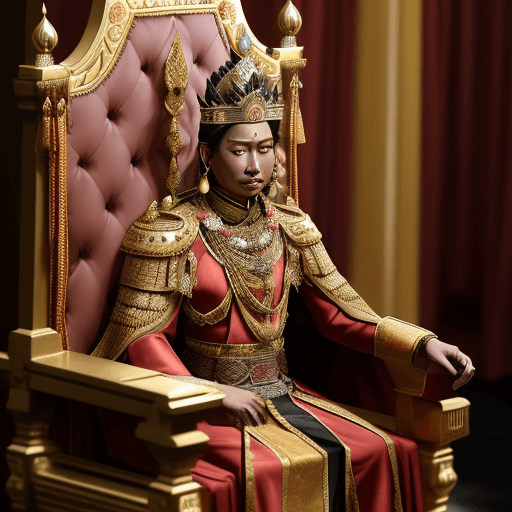 AI generated: Majapahit emperor, bronze outfit, Long robe, earrings, throne, neck accesory, crown