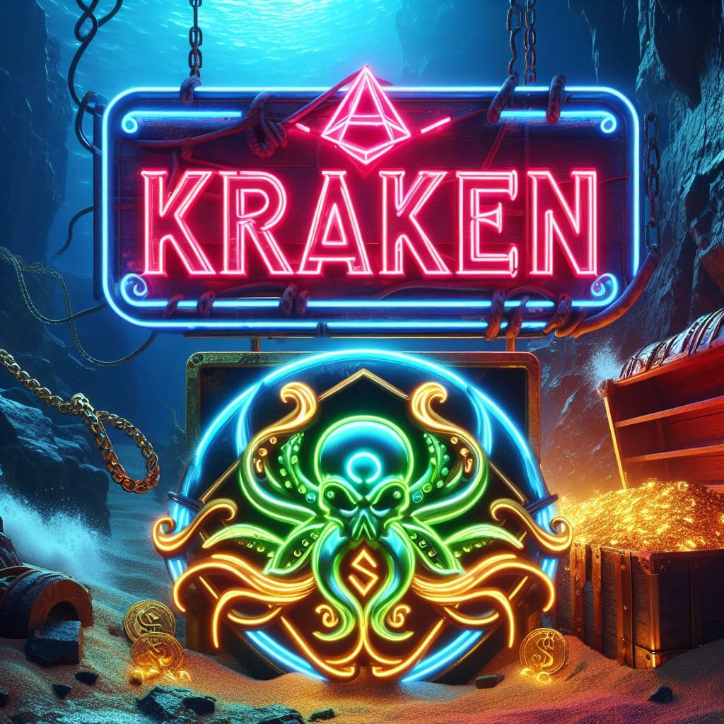 AI generated: "neon images of a neon lit sign with the text 'KRAKEN' and a neon lit KRAKEN-LEVIATHON symbol with a...